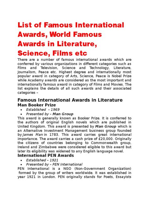 List of Famous International Awards, World Famous Awards in Literature.